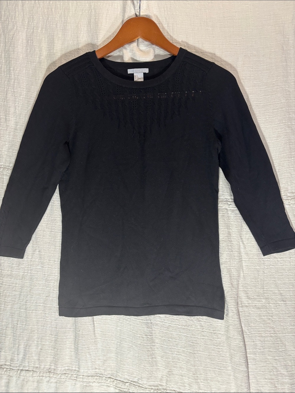 H&M Black Cotton Blend Sweater - Cable Knit Neckline & Arms